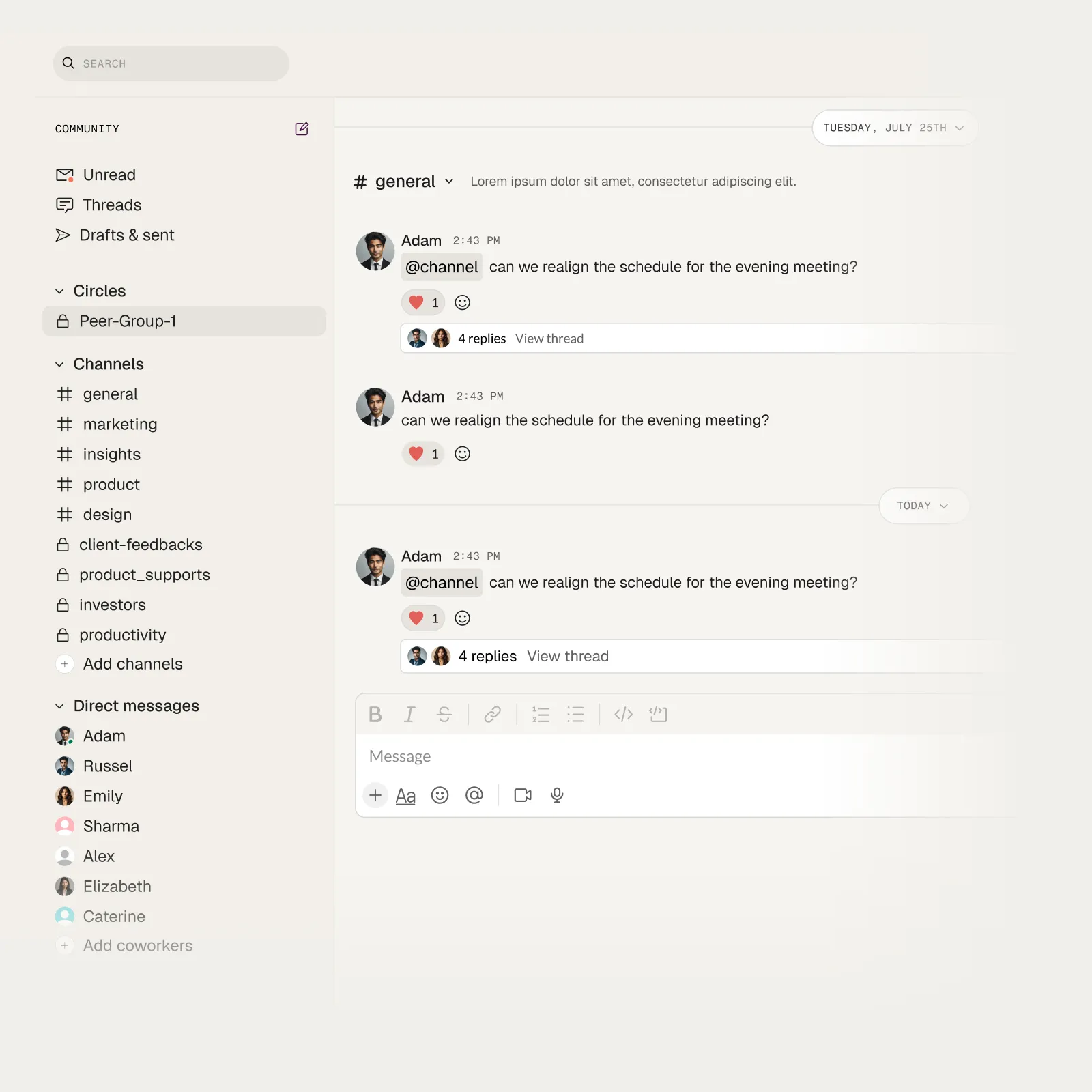 User interface of a messaging app showing a community chat with the 'general' channel selected. The screen displays messages from a user named Adam asking to realign the schedule for the evening meeting, with reactions and reply threads visible. The sidebar lists community sections including Unread, Threads, Drafts & sent, Circles with Peer-Group-1, Channels like general, marketing, insights, and direct messages with user names Adam, Russel, Emily, Sharma, Alex, Elizabeth, and Caterine. The message input area includes formatting, emoji, mention, video, and microphone icons.
