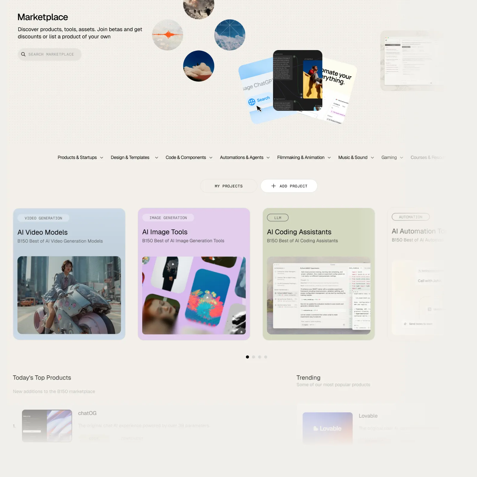 Marketplace webpage showcasing categories of AI tools and products including AI Video Models, AI Image Tools, and AI Coding Assistants, with search bar, navigation menu, project buttons, and highlighted top and trending products.