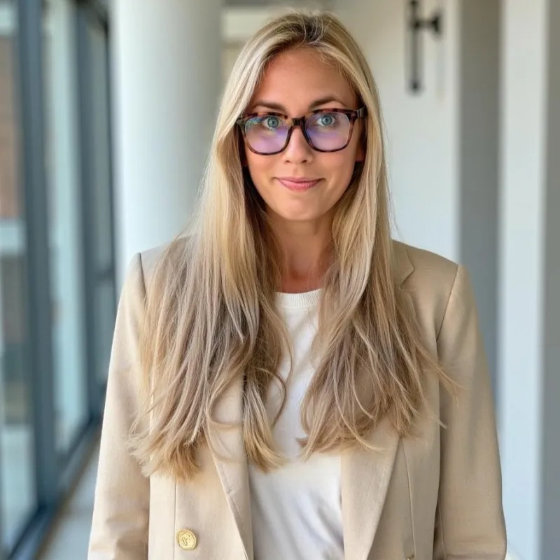 Portrait of a woman with long blonde hair wearing tortoiseshell glasses, a beige blazer, and a white top, standing indoors near windows.