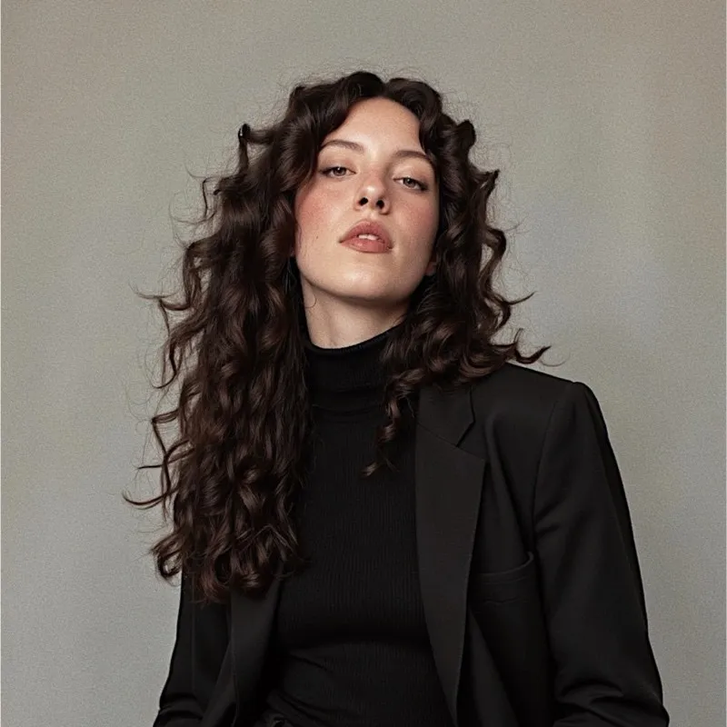 Portrait of a woman with long, curly dark hair wearing a black turtleneck and black blazer, posing against a neutral background.