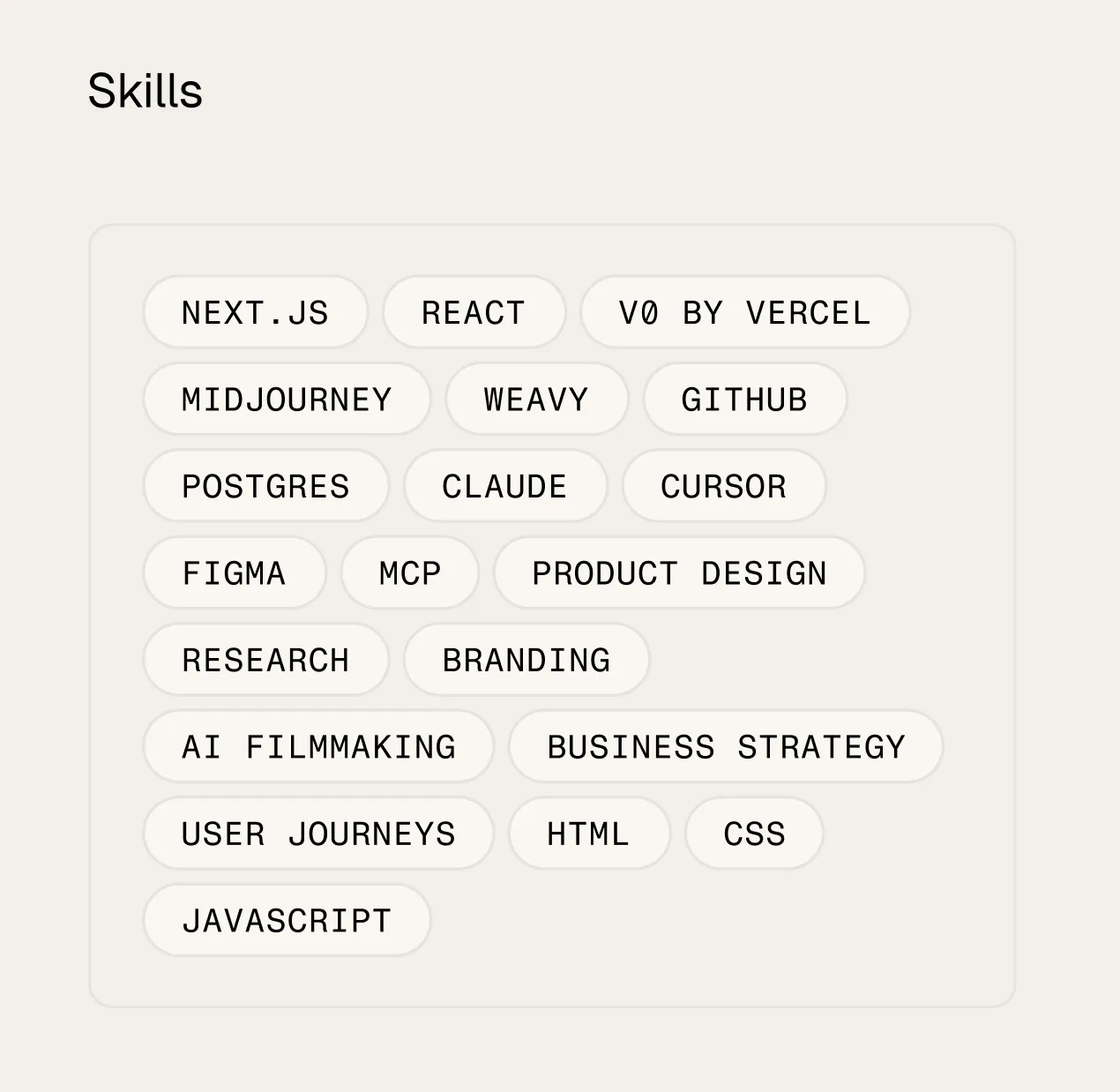 List of skills including NEXT.JS, REACT, V0 BY VERCEL, MIDJOURNEY, WEAVY, GITHUB, POSTGRES, CLAUDE, CURSOR, FIGMA, MCP, PRODUCT DESIGN, RESEARCH, BRANDING, AI FILMMAKING, BUSINESS STRATEGY, USER JOURNEYS, HTML, CSS, and JAVASCRIPT displayed as individual labeled tags on a light background.