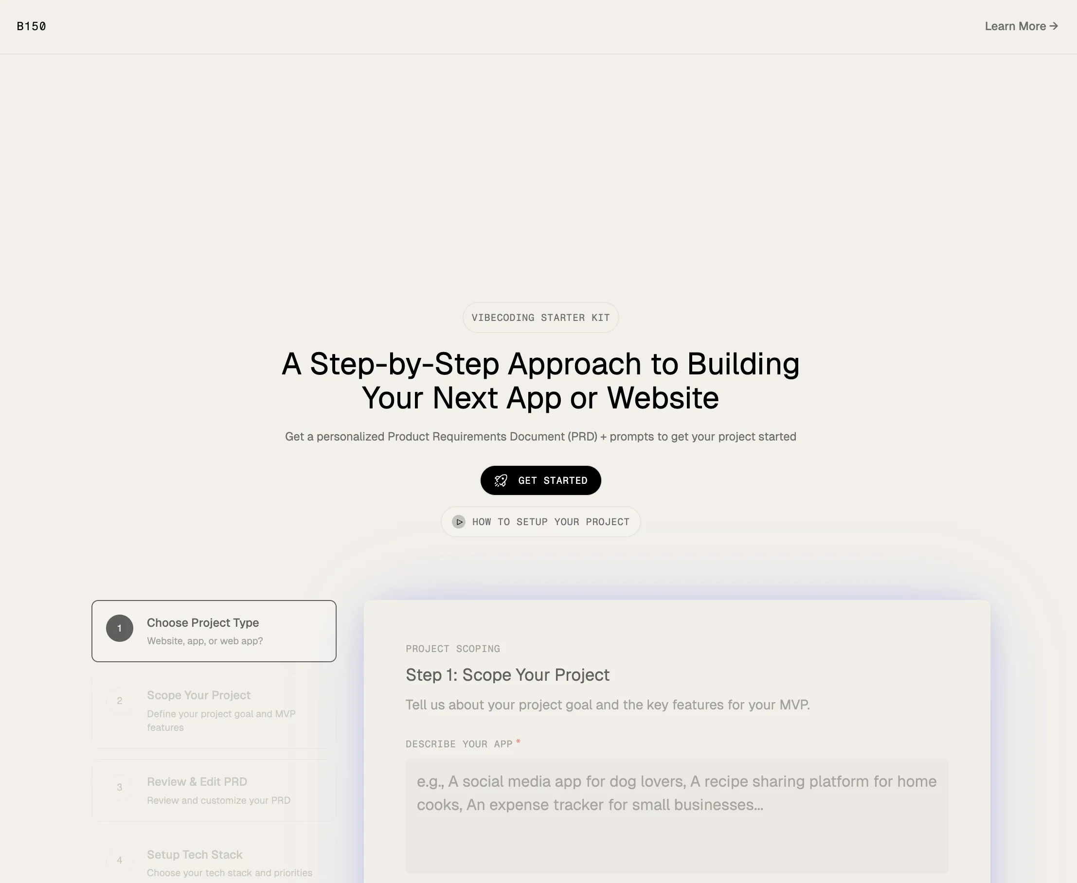 A web page for a Vibecoding Starter Kit offering a step-by-step approach to building apps or websites with a personalized Product Requirements Document and prompts, featuring a 'Get Started' button and a section showing Step 1: Scope Your Project, asking for project goals and key features with example app descriptions.