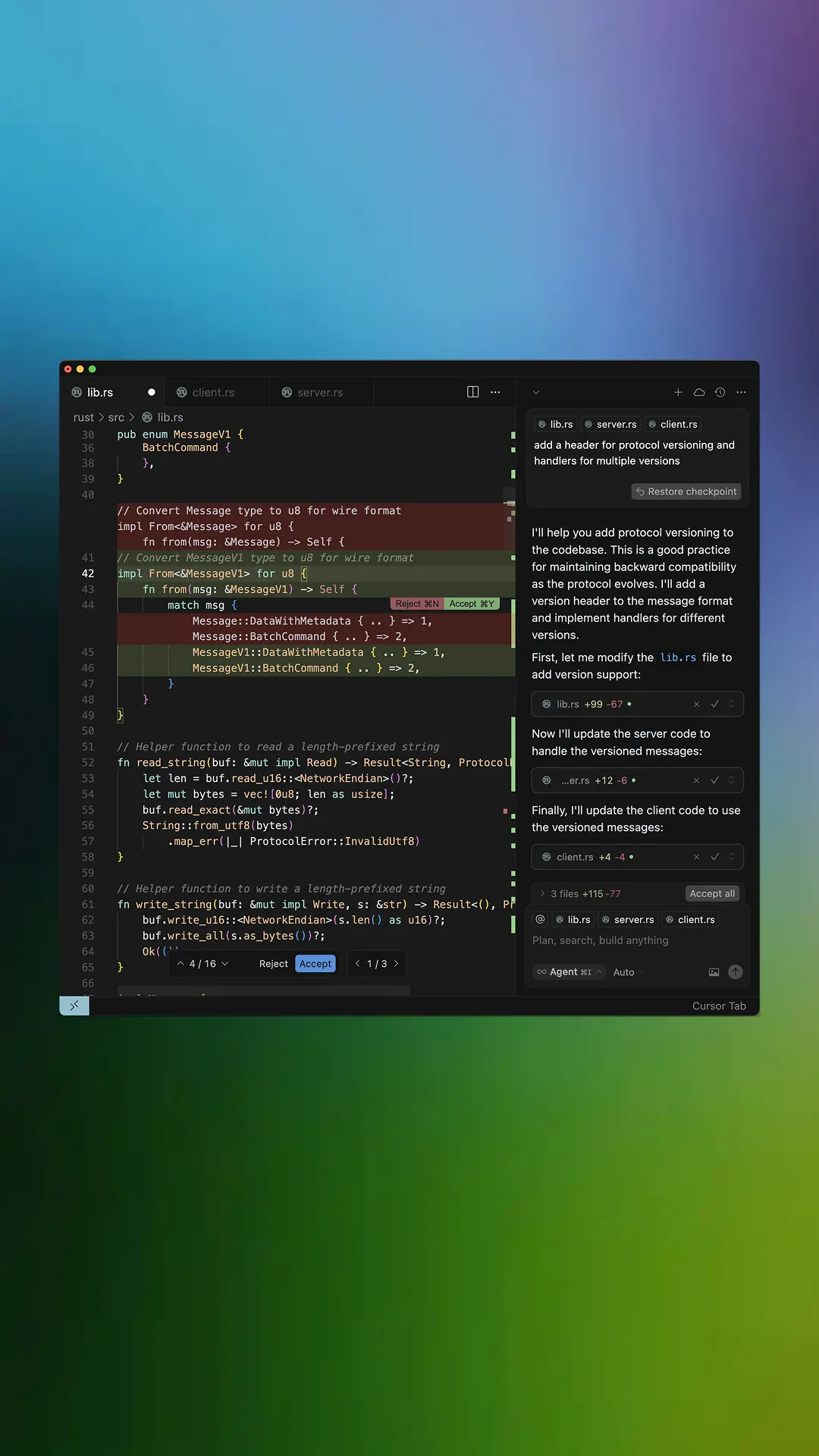 Dark-themed code editor displaying Rust source code related to message protocol conversion, with a side panel showing a version control diff and comments about adding protocol versioning and supporting multiple versions in lib.rs, server.rs, and client.rs files.